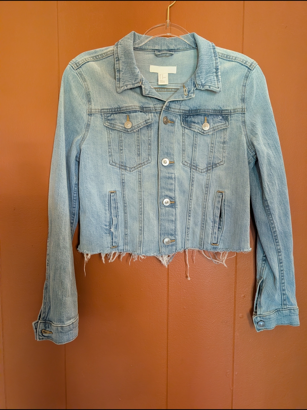 H&M Light Wash Cropped Denim Jacket Women’s Size 10 Frayed Hem Jean Jacket